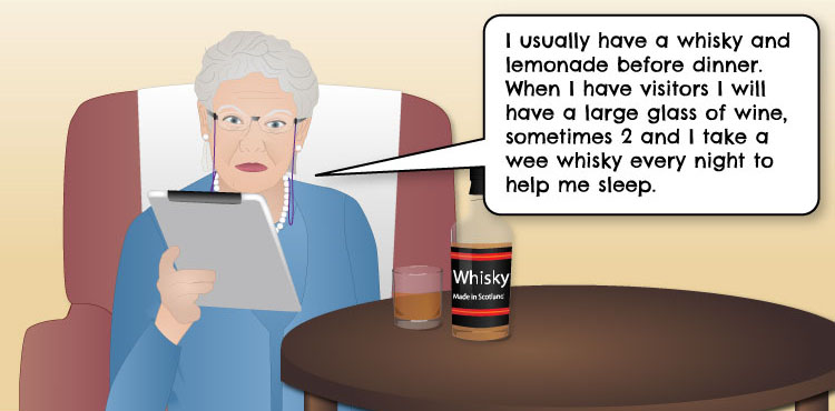 Catriona is having 3 – 4 units each night, more when she has visitors. This puts her at borderline, or just over, sensible drinking levels.
