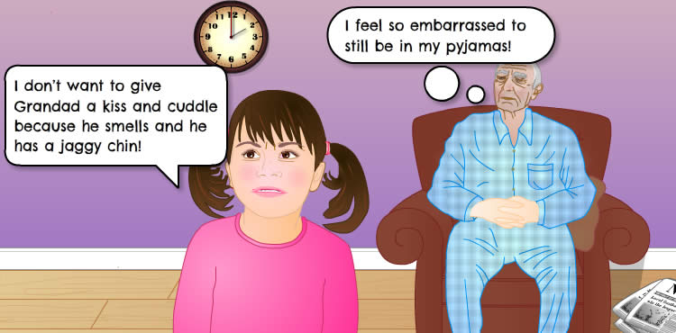 One afternoon last week his daughter came round with his 5 year old grandaughter, Emma.  His grandaughter complained. He felt very embarrassed to still be in his nightclothes, unwashed and unshaven.